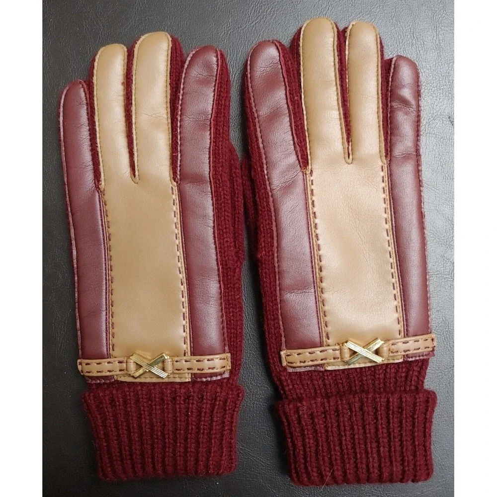 Vintage Womens Aris Knit Gloves 2 Pair One Size Faux Leather Burgundy Red White